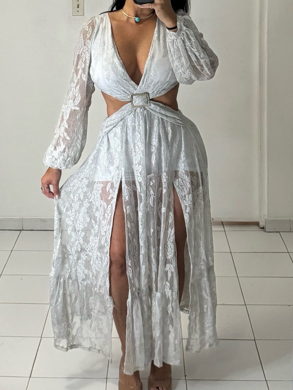 White Lace Cutout Maxi Dress with Long Sleeves and Waist Buckle